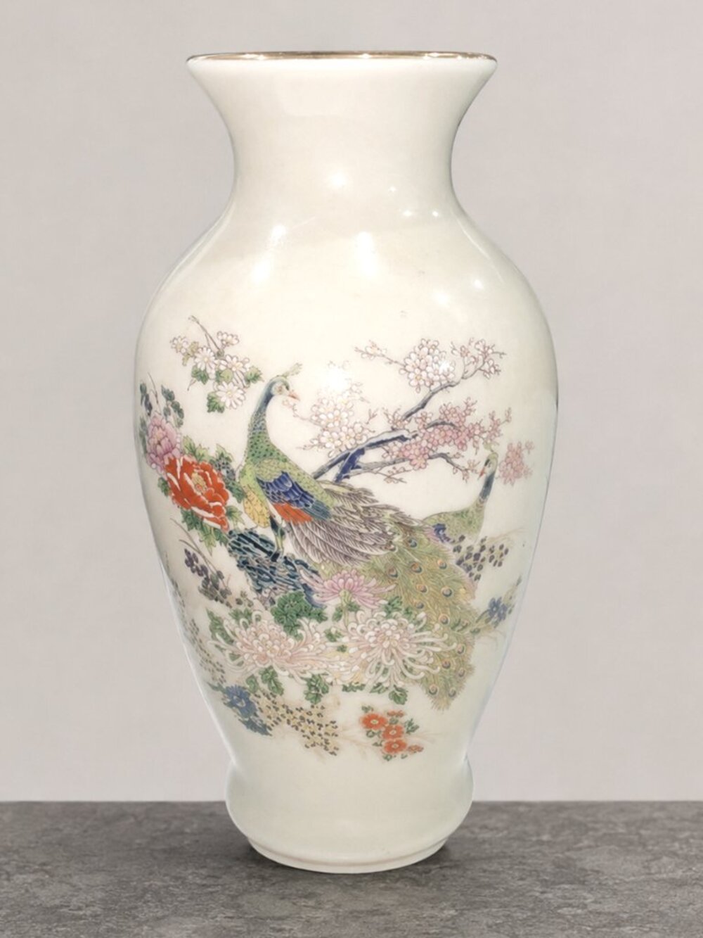Vintage Japanese Satsuma Vase Peacock Floral Hand Decorated Signed 6" Cream